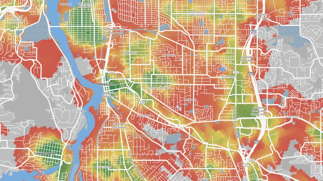 Walk Grade map of 97222, OR, walkable areas in green and car-dependent areas in red