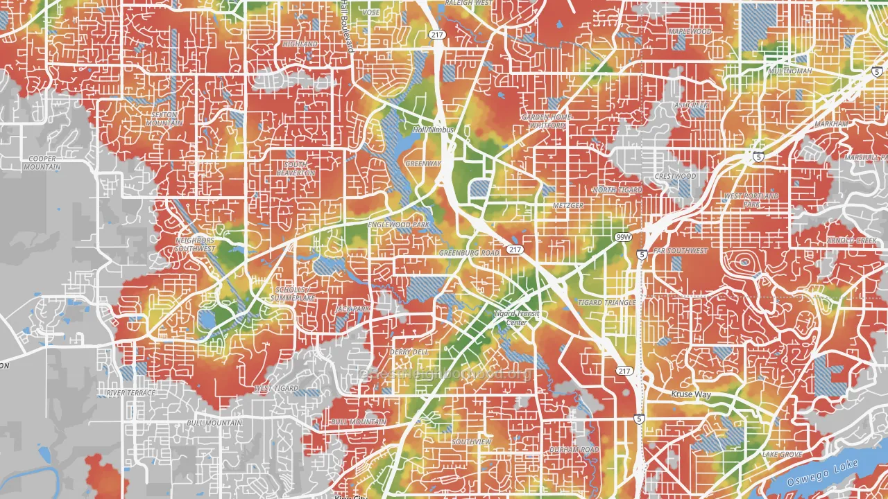 Walk Grade map of 97223, OR, walkable areas in green and car-dependent areas in red