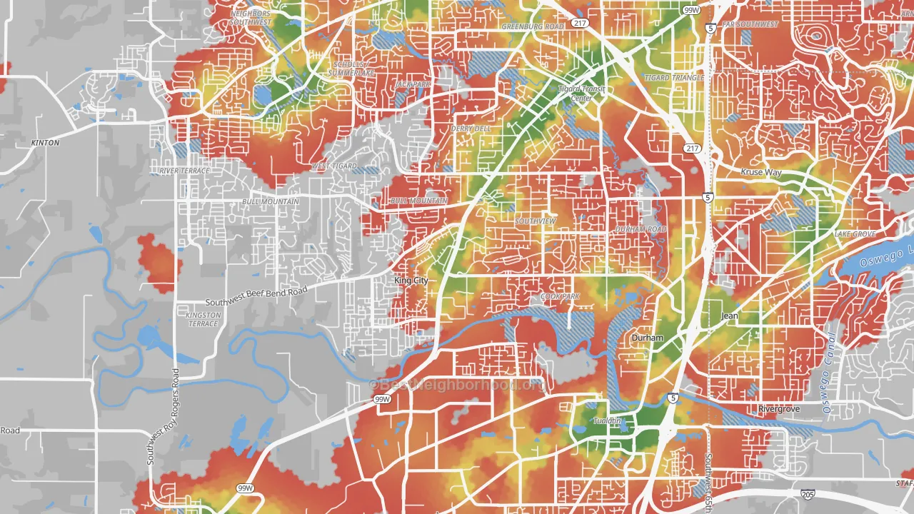 Walk Grade map of 97224, OR, walkable areas in green and car-dependent areas in red