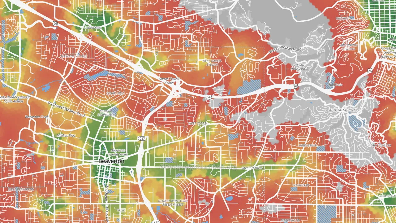 Walk Grade map of 97225, OR, walkable areas in green and car-dependent areas in red