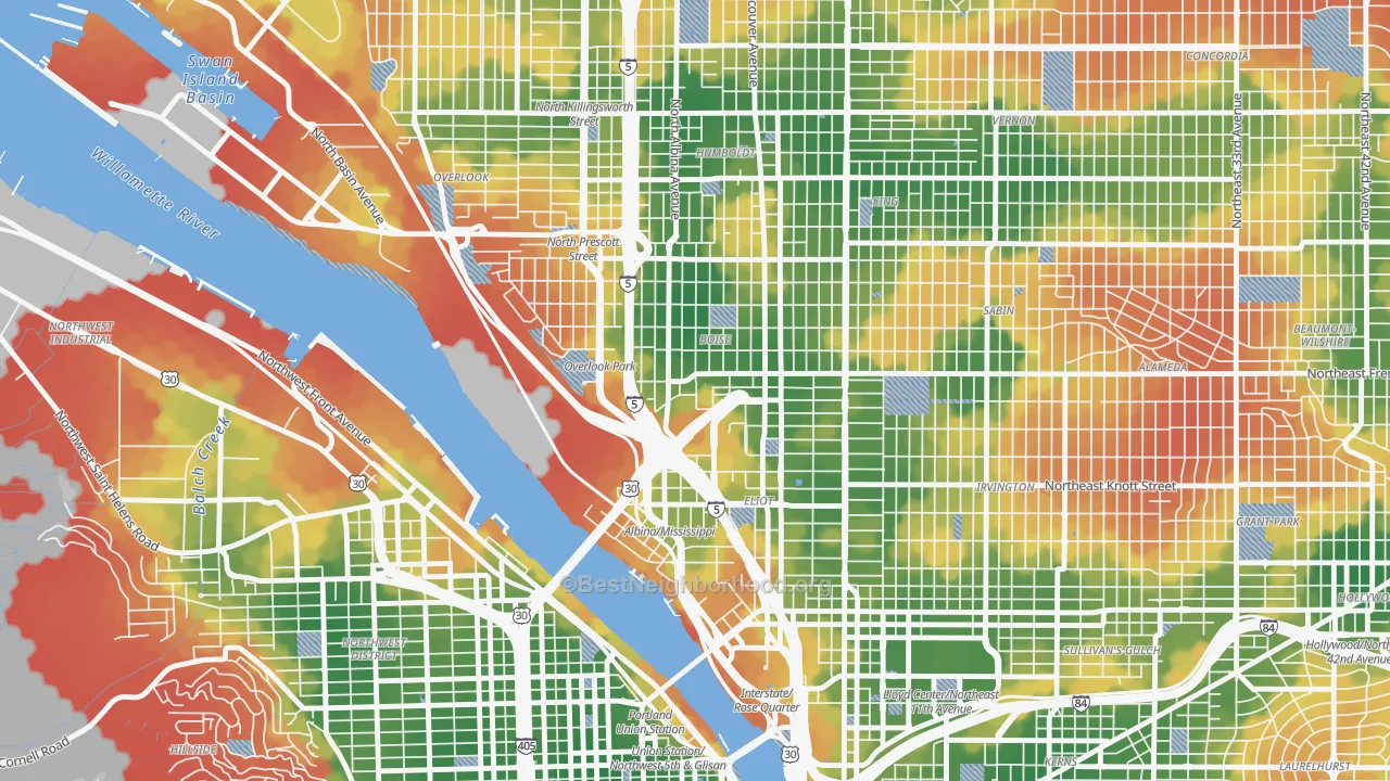 Walk Grade map of 97227, OR, walkable areas in green and car-dependent areas in red
