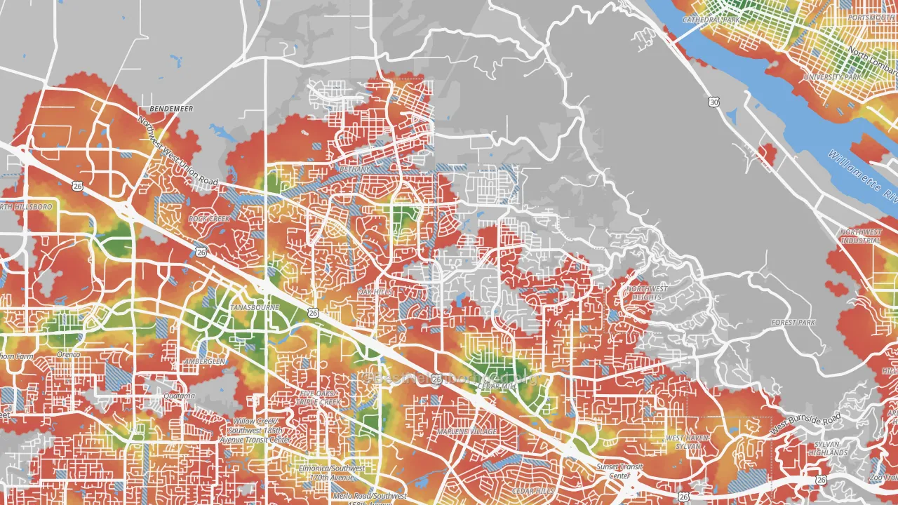 Walk Grade map of 97229, OR, walkable areas in green and car-dependent areas in red