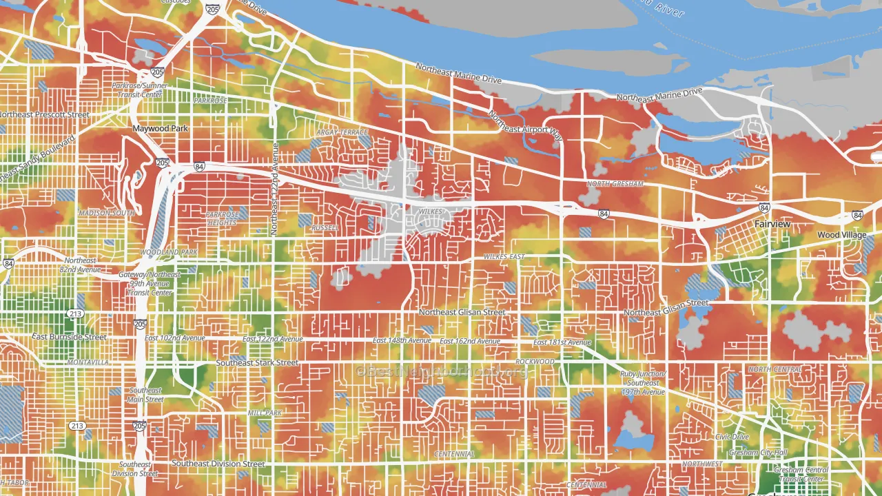 Walk Grade map of 97230, OR, walkable areas in green and car-dependent areas in red