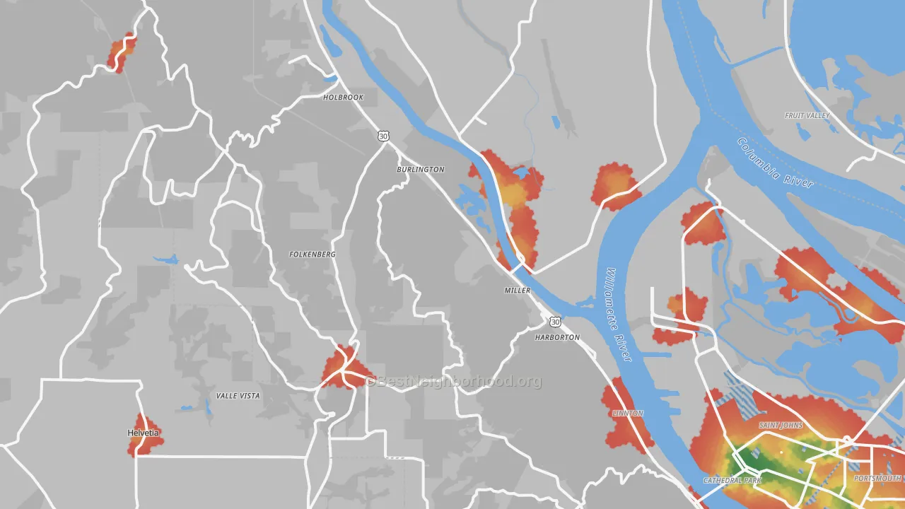 Walk Grade map of 97231, OR, walkable areas in green and car-dependent areas in red