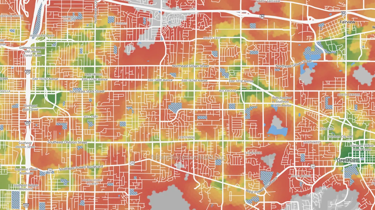 Walk Grade map of 97233, OR, walkable areas in green and car-dependent areas in red