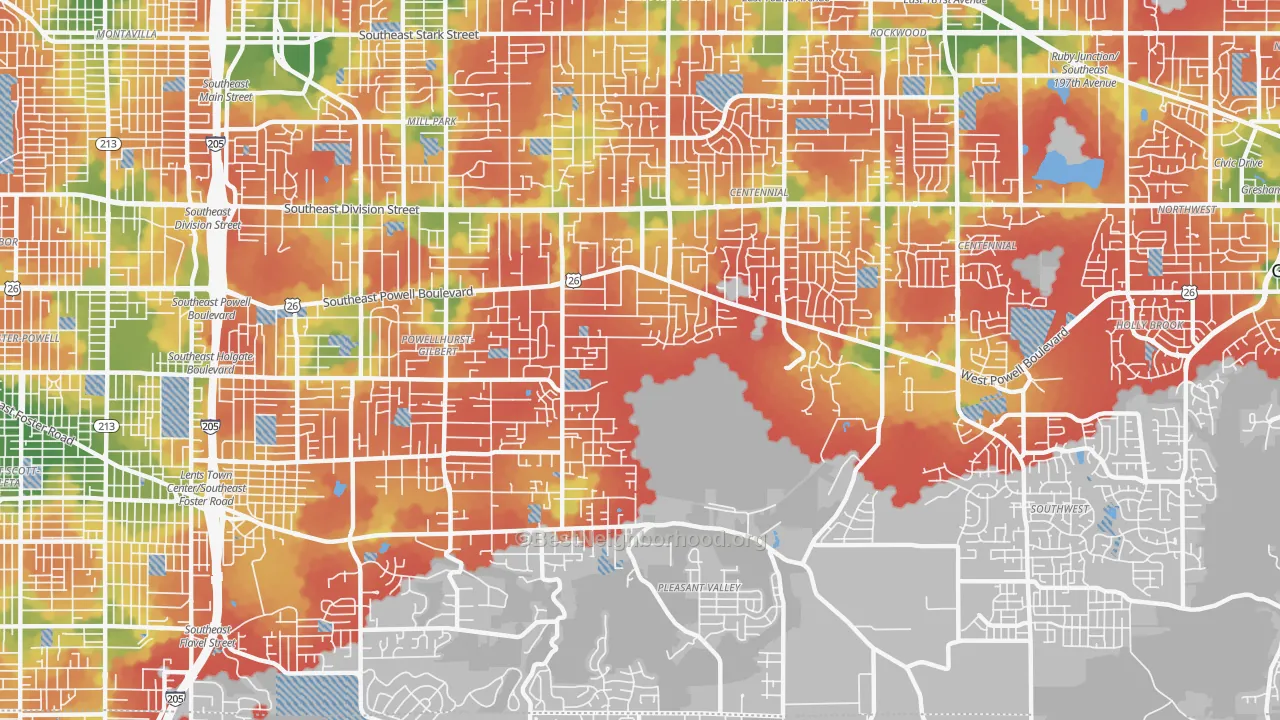 Walk Grade map of 97236, OR, walkable areas in green and car-dependent areas in red