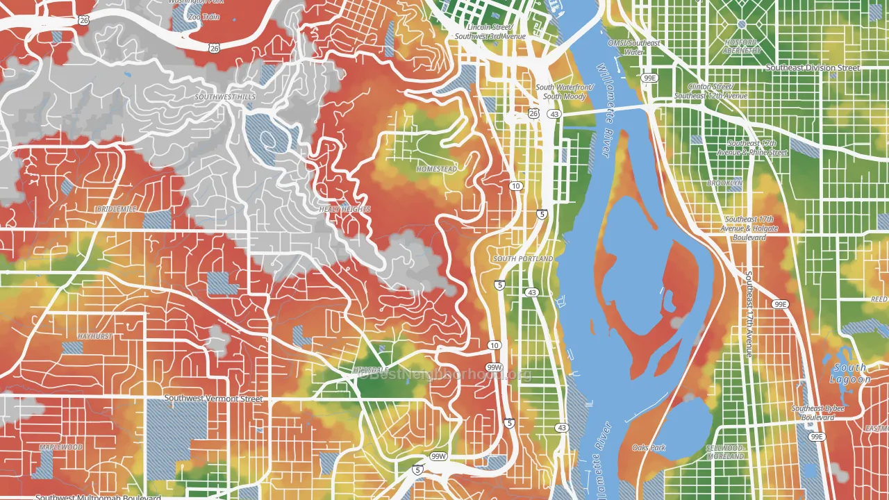 Walk Grade map of 97239, OR, walkable areas in green and car-dependent areas in red
