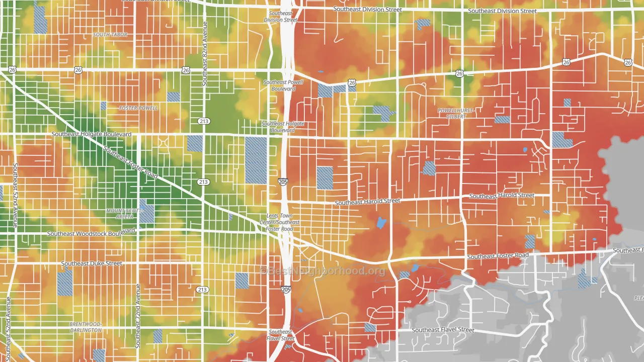Walk Grade map of 97266, OR, walkable areas in green and car-dependent areas in red