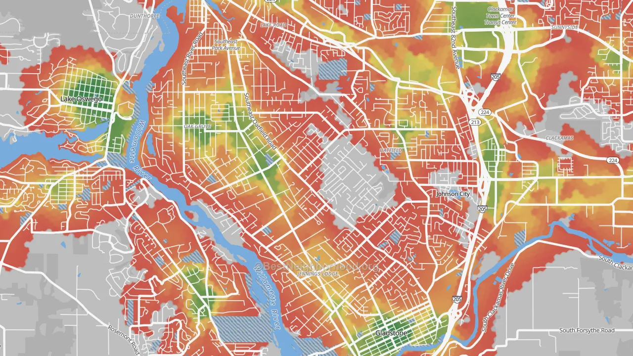 Walk Grade map of 97267, OR, walkable areas in green and car-dependent areas in red