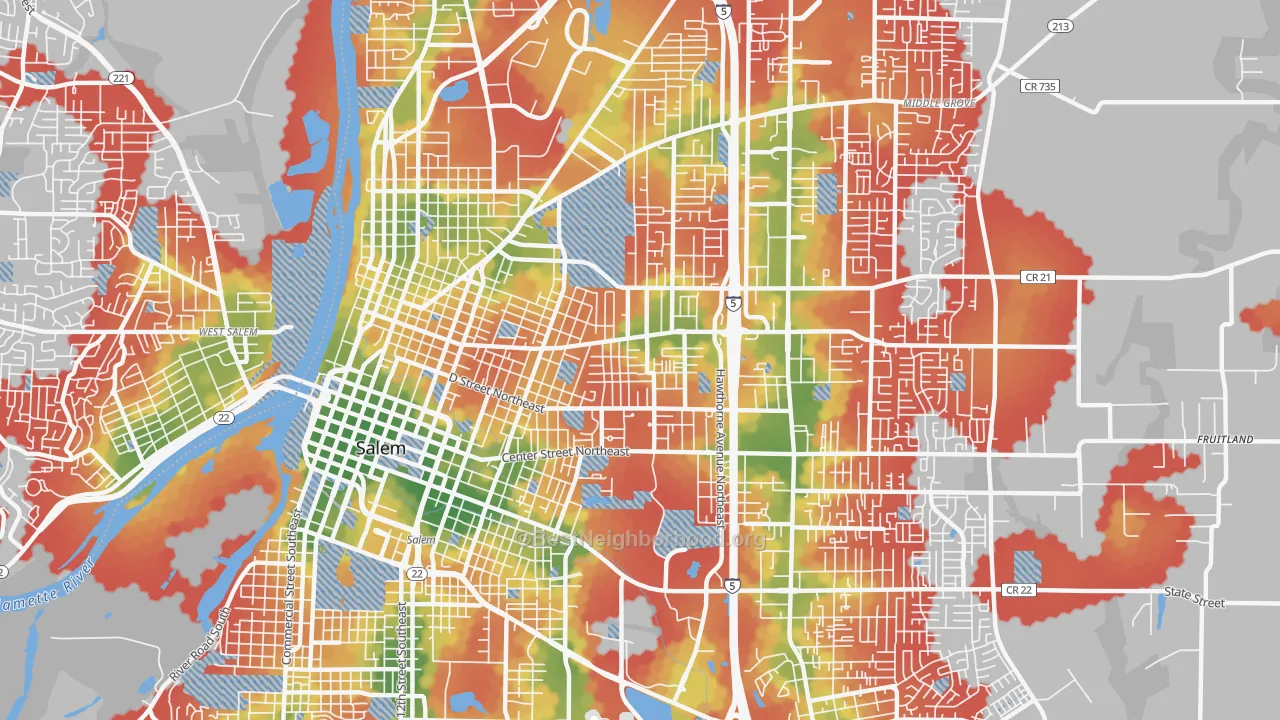 Walk Grade map of 97301, OR, walkable areas in green and car-dependent areas in red
