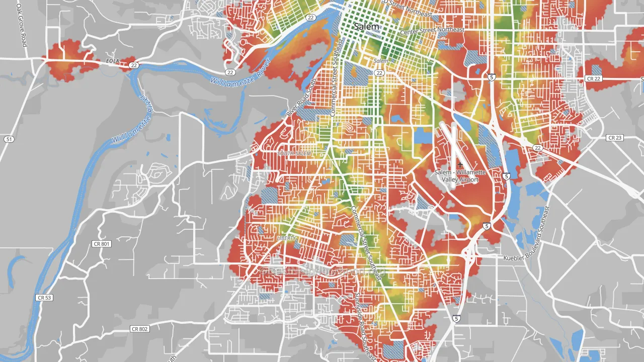Walk Grade map of 97302, OR, walkable areas in green and car-dependent areas in red