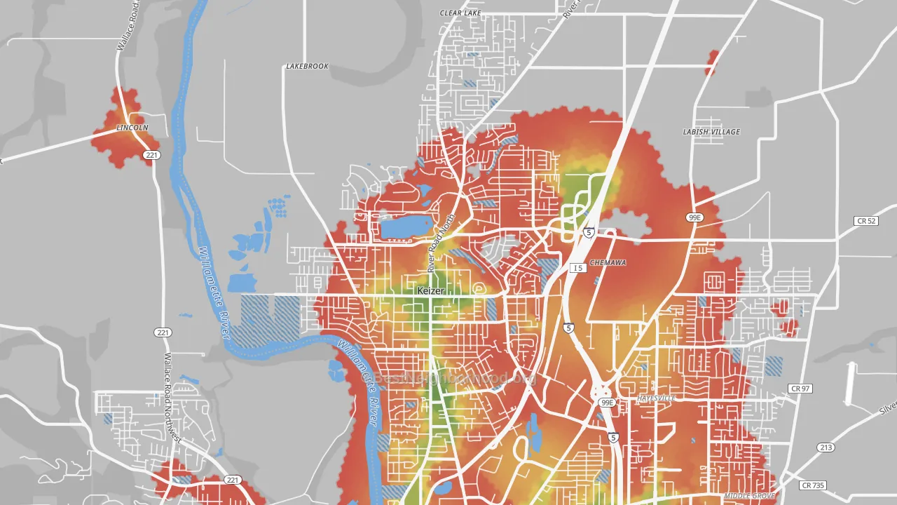 Walk Grade map of 97303, OR, walkable areas in green and car-dependent areas in red