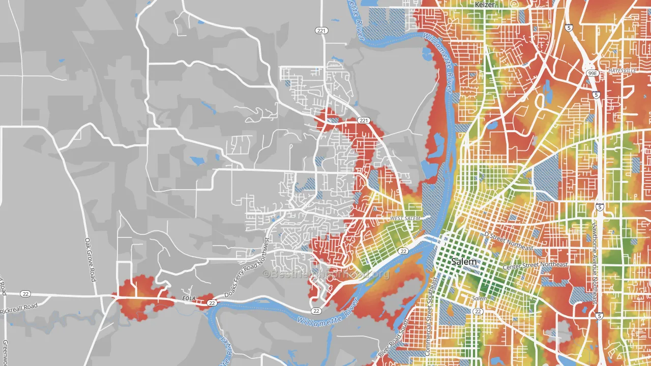 Walk Grade map of 97304, OR, walkable areas in green and car-dependent areas in red