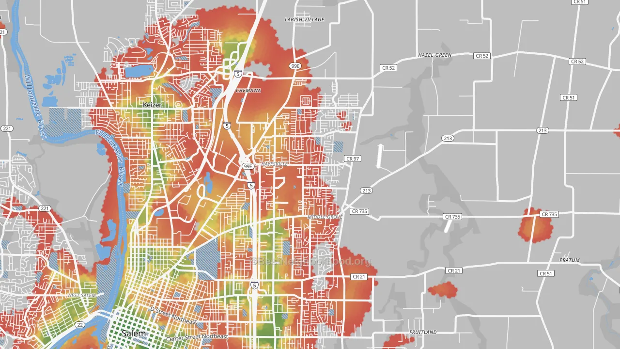 Walk Grade map of 97305, OR, walkable areas in green and car-dependent areas in red