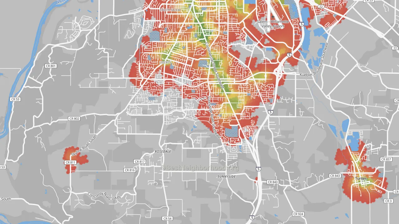 Walk Grade map of 97306, OR, walkable areas in green and car-dependent areas in red