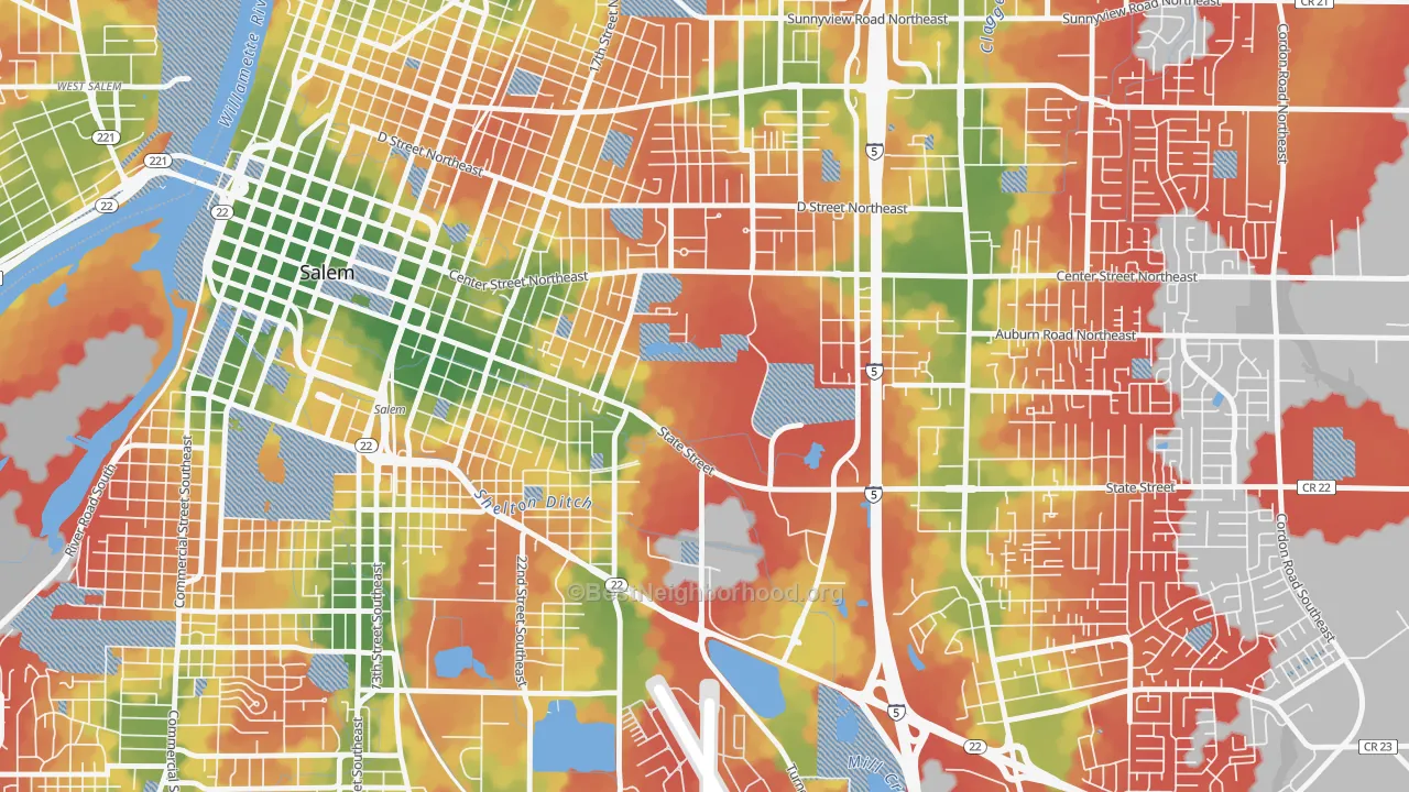 Walk Grade map of 97310, OR, walkable areas in green and car-dependent areas in red