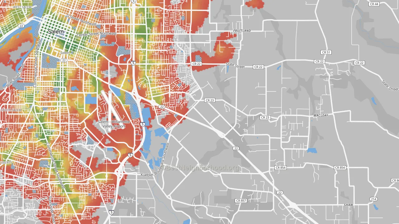 Walk Grade map of 97317, OR, walkable areas in green and car-dependent areas in red