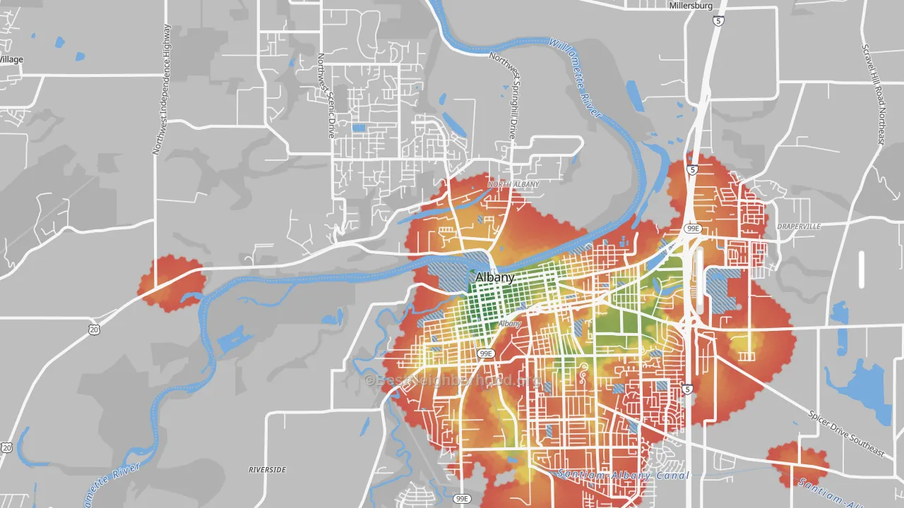 Walk Grade map of 97321, OR, walkable areas in green and car-dependent areas in red