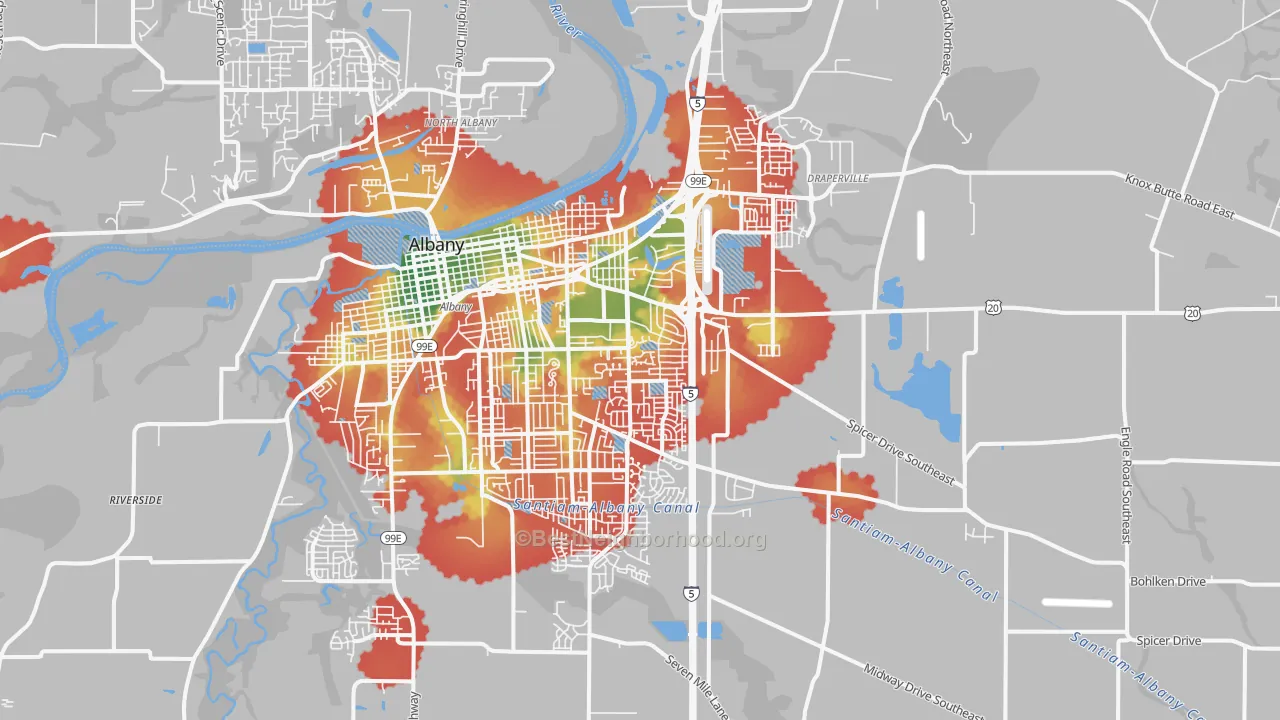Walk Grade map of 97322, OR, walkable areas in green and car-dependent areas in red