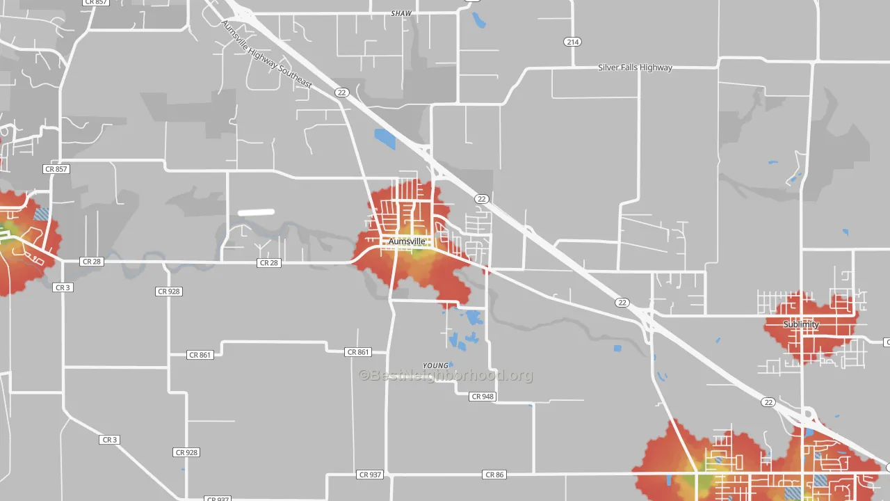 Walk Grade map of 97325, OR, walkable areas in green and car-dependent areas in red