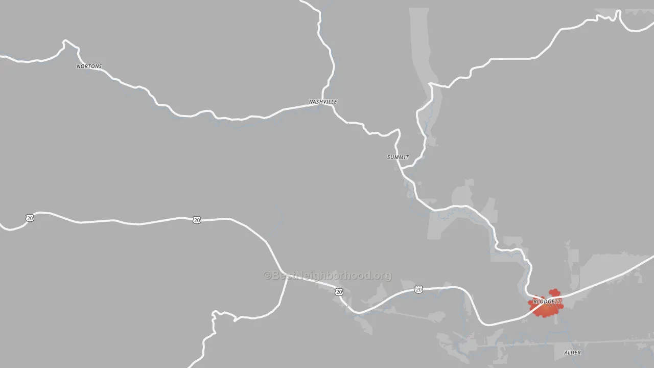 Walk Grade map of 97326, OR, walkable areas in green and car-dependent areas in red
