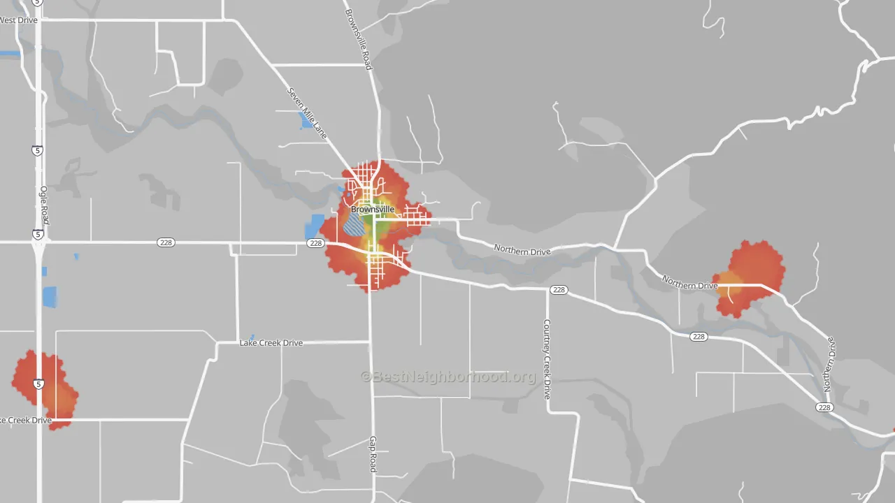 Walk Grade map of 97327, OR, walkable areas in green and car-dependent areas in red