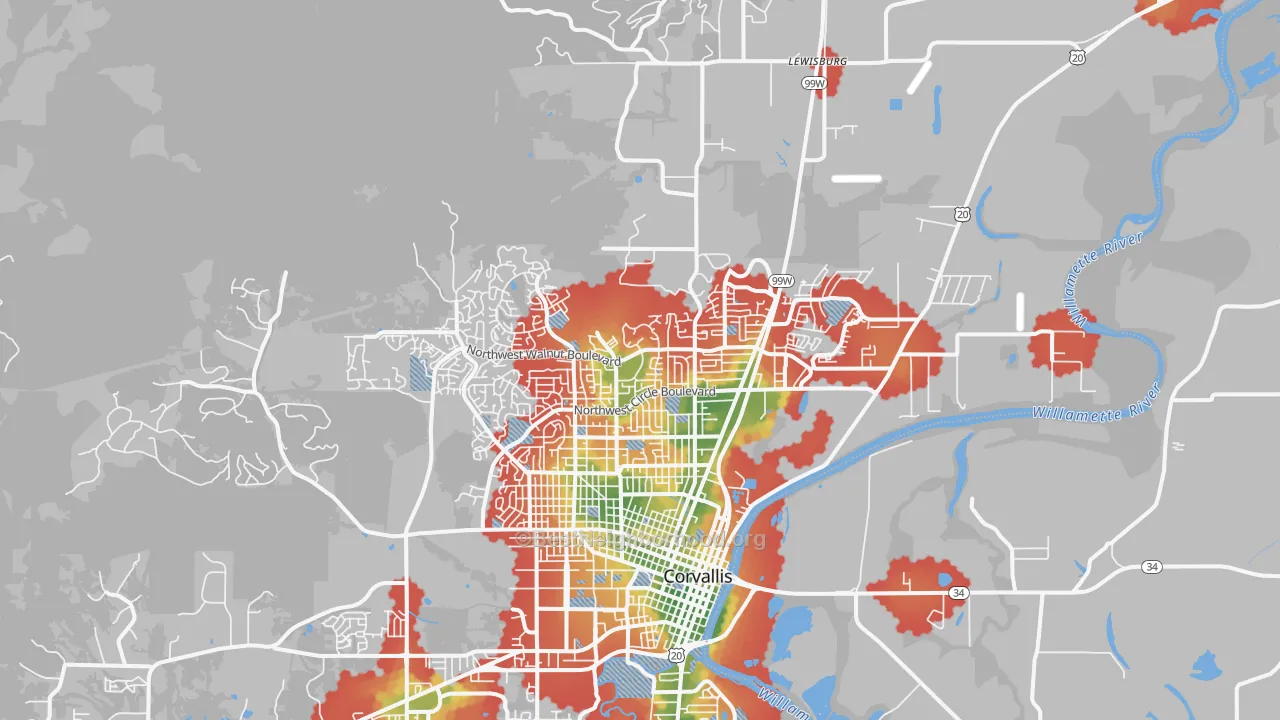 Walk Grade map of 97330, OR, walkable areas in green and car-dependent areas in red