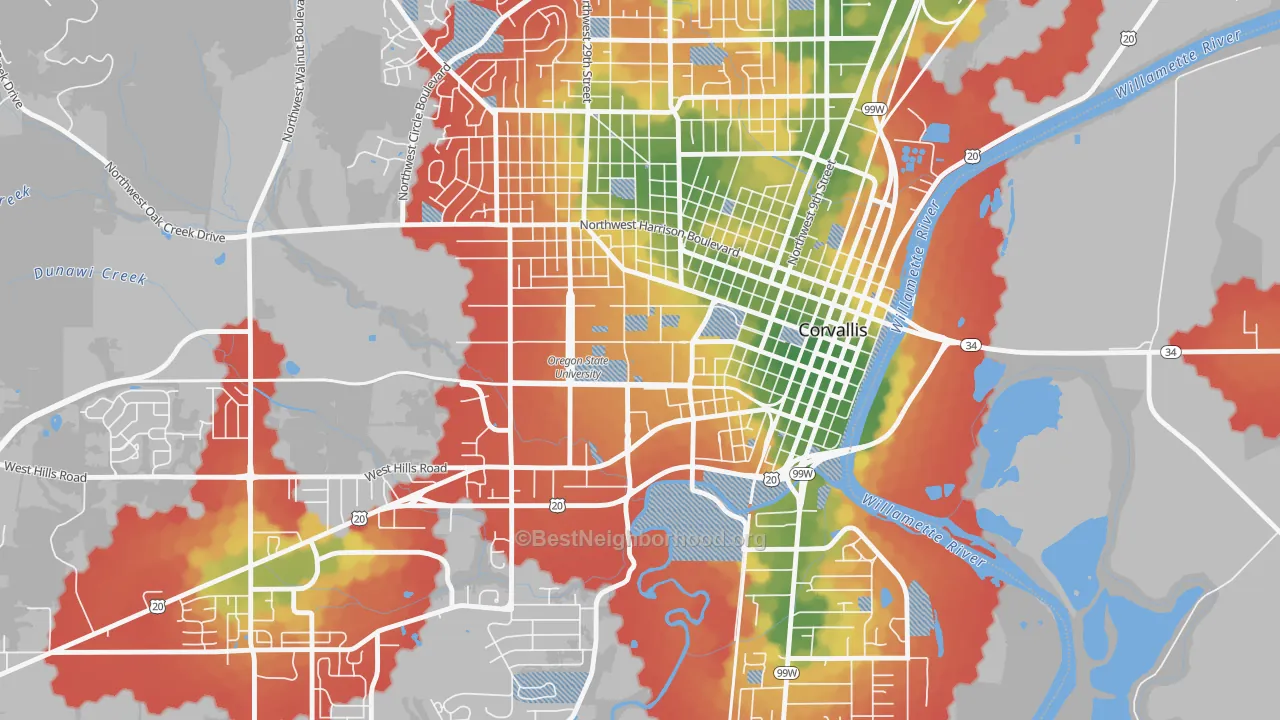 Walk Grade map of 97331, OR, walkable areas in green and car-dependent areas in red