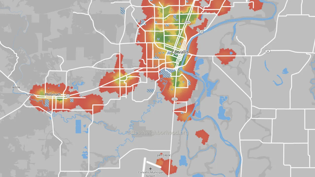 Walk Grade map of 97333, OR, walkable areas in green and car-dependent areas in red