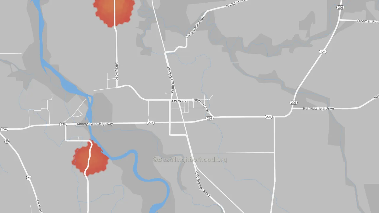 Walk Grade map of 97335, OR, walkable areas in green and car-dependent areas in red