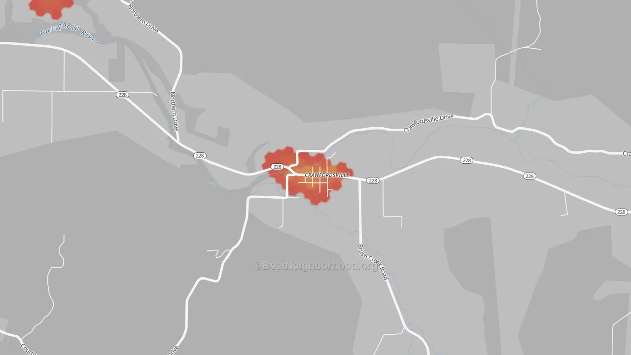 Walk Grade map of 97336, OR, walkable areas in green and car-dependent areas in red