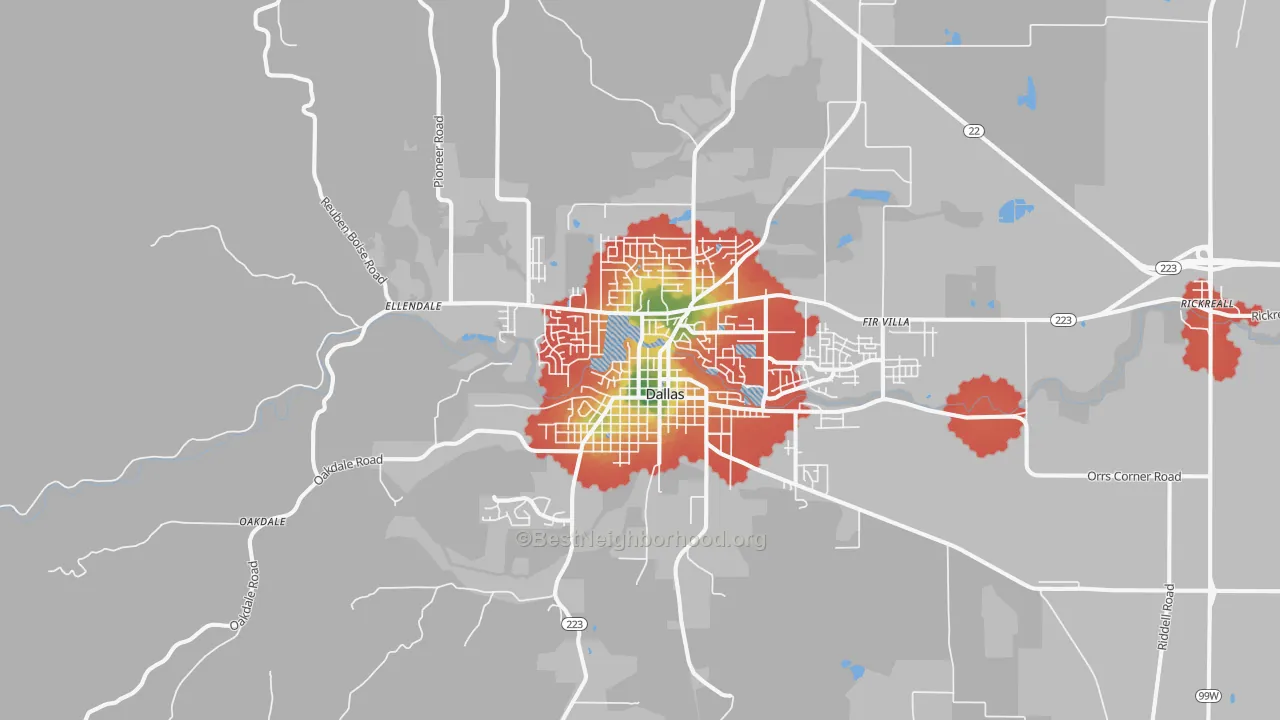 Walk Grade map of 97338, OR, walkable areas in green and car-dependent areas in red