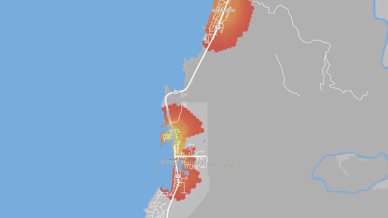 Walk Grade map of 97341, OR, walkable areas in green and car-dependent areas in red