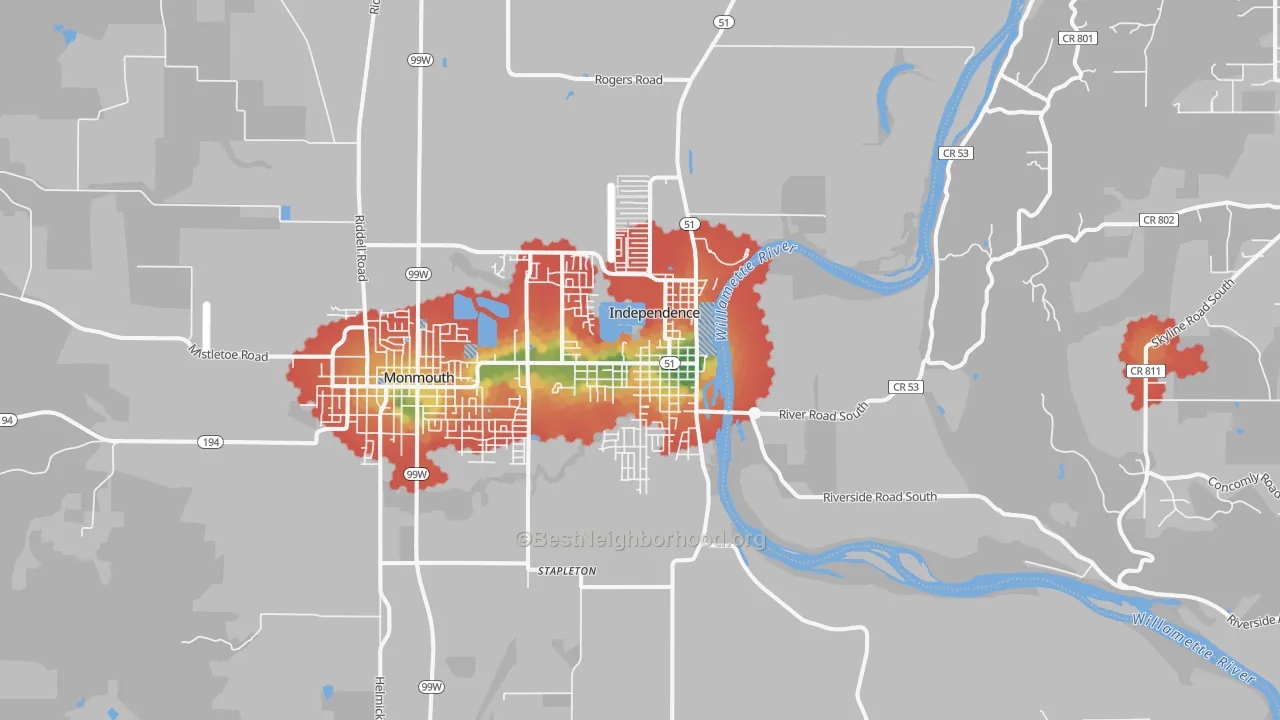 Walk Grade map of 97351, OR, walkable areas in green and car-dependent areas in red