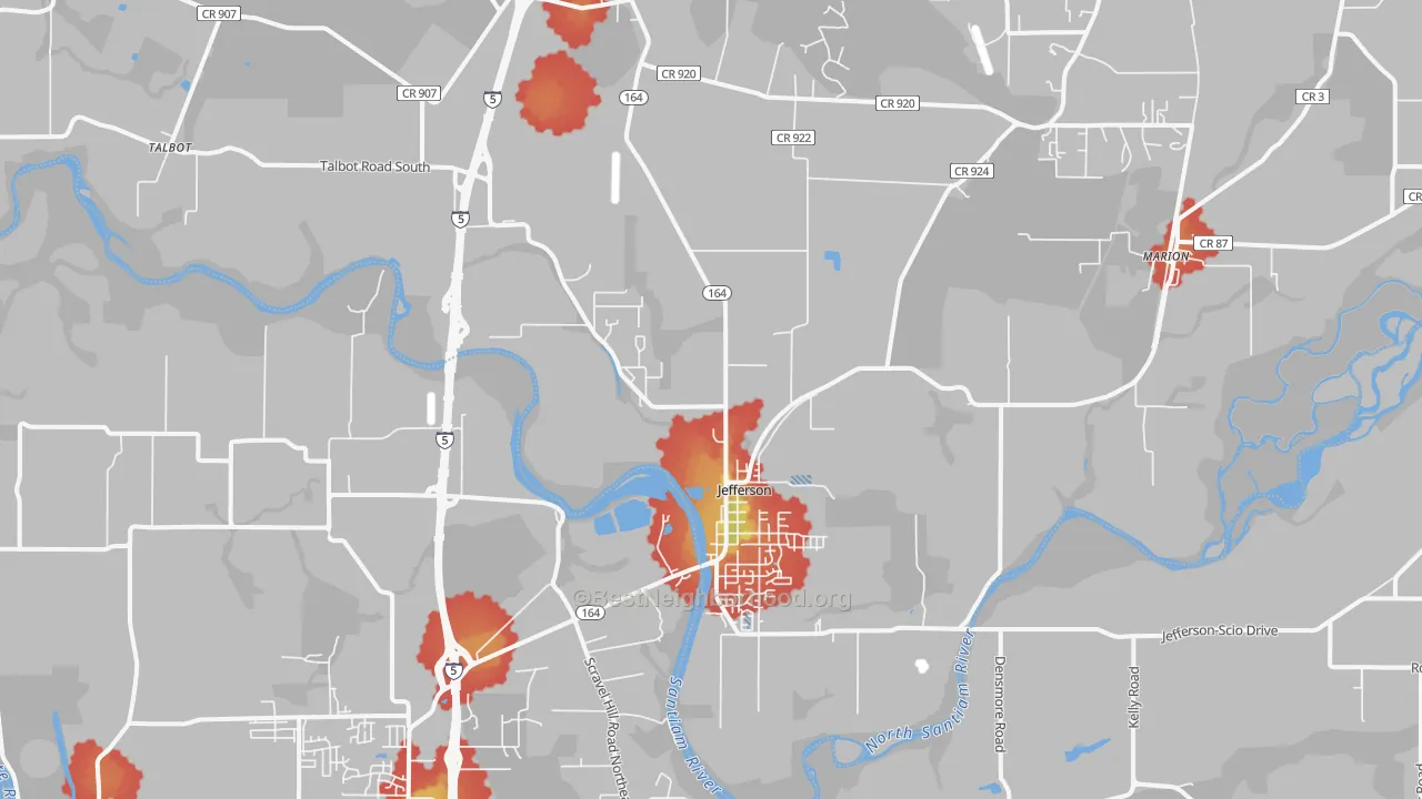 Walk Grade map of 97352, OR, walkable areas in green and car-dependent areas in red