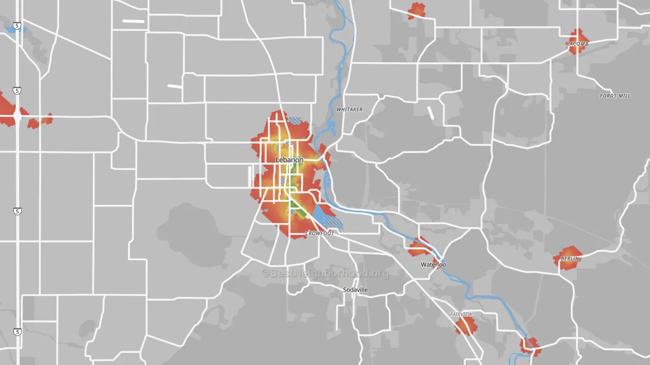 Walk Grade map of 97355, OR, walkable areas in green and car-dependent areas in red