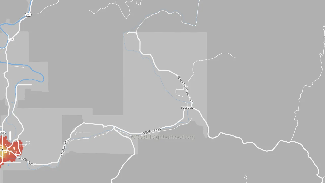 Walk Grade map of 97357, OR, walkable areas in green and car-dependent areas in red