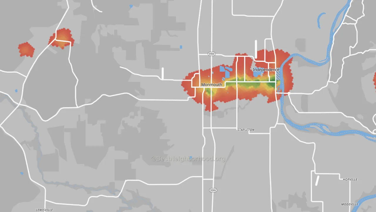 Walk Grade map of 97361, OR, walkable areas in green and car-dependent areas in red