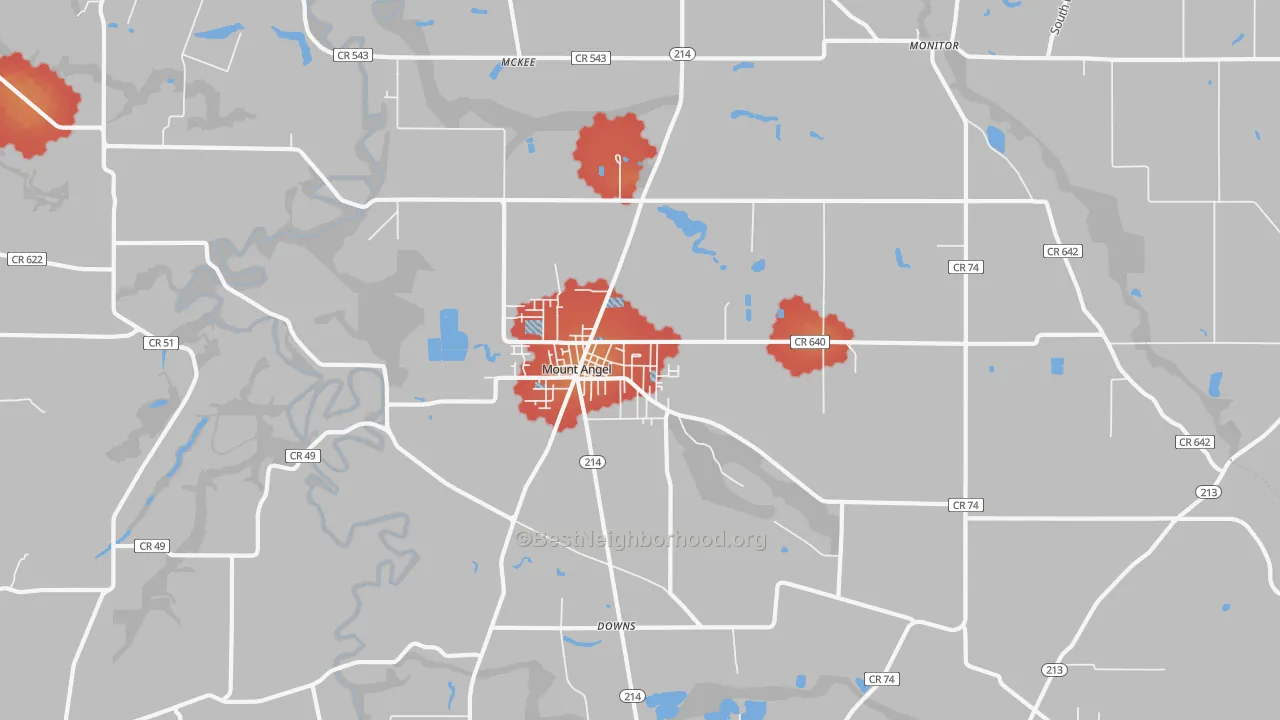 Walk Grade map of 97362, OR, walkable areas in green and car-dependent areas in red
