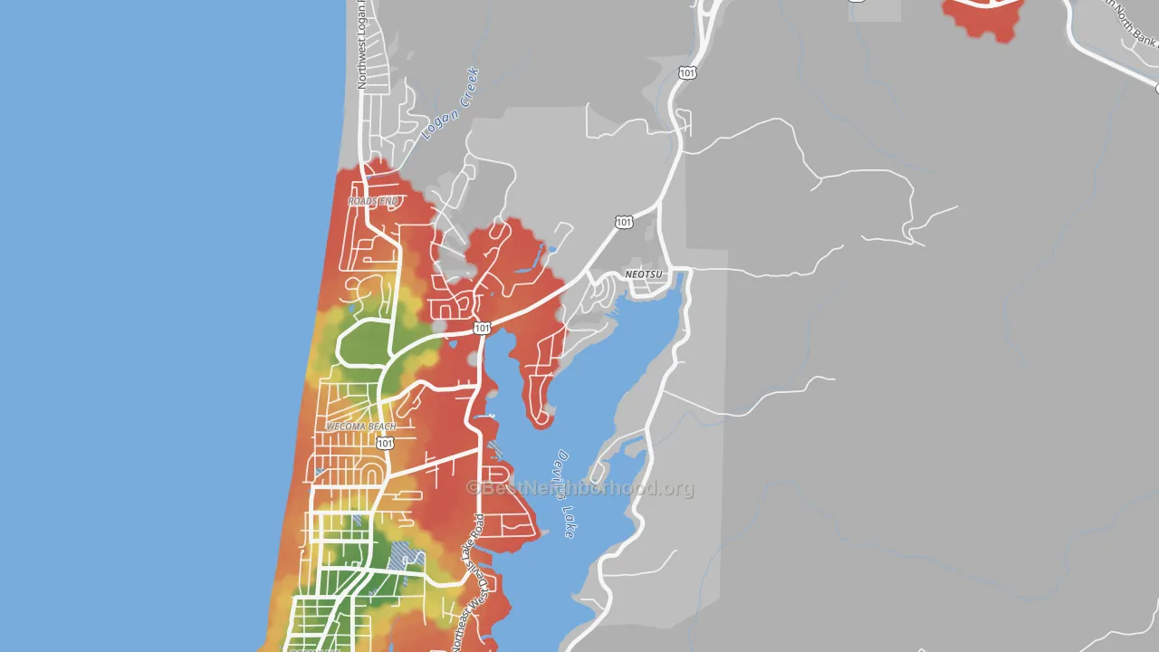 Walk Grade map of 97364, OR, walkable areas in green and car-dependent areas in red