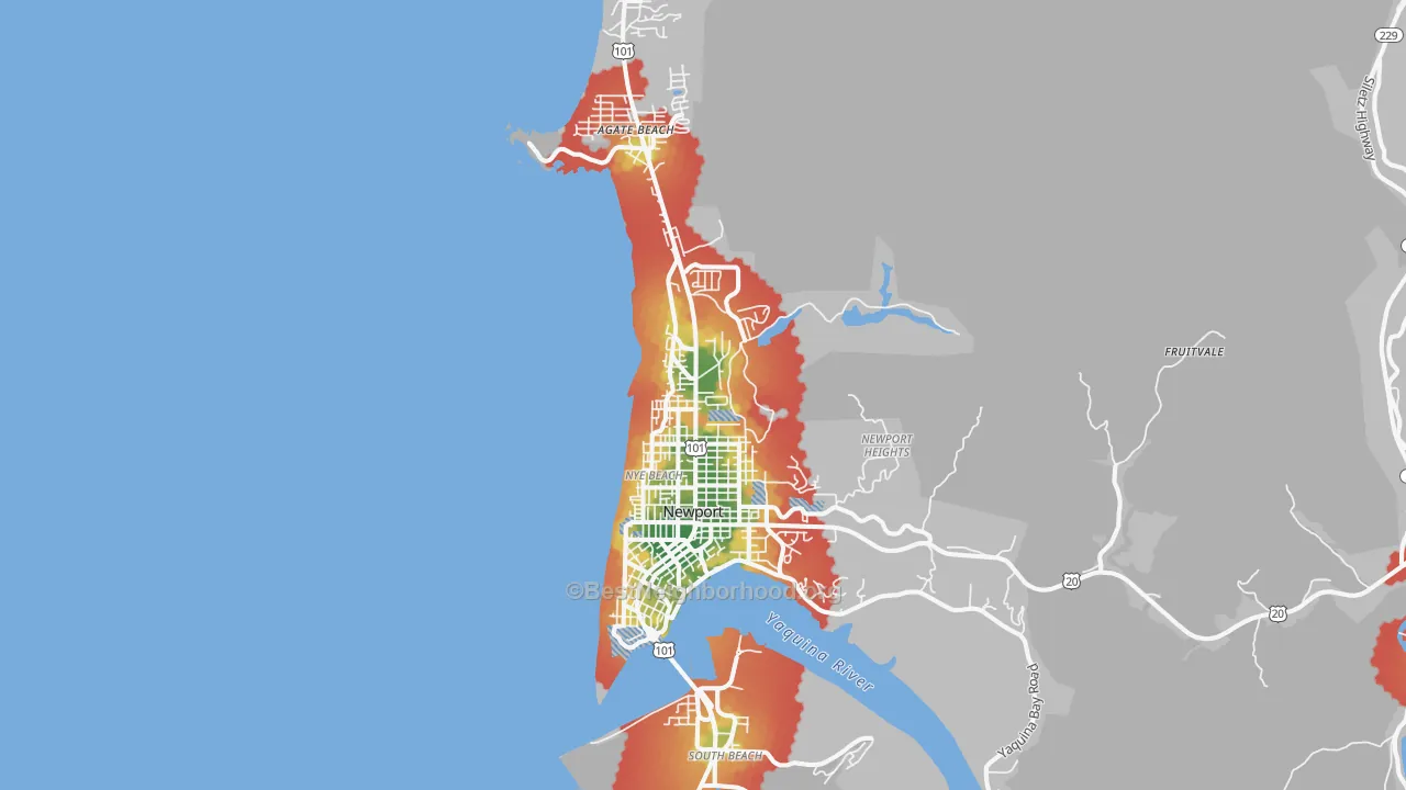 Walk Grade map of 97365, OR, walkable areas in green and car-dependent areas in red