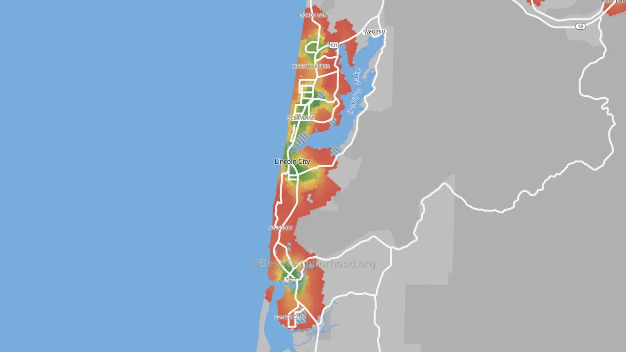 Walk Grade map of 97367, OR, walkable areas in green and car-dependent areas in red