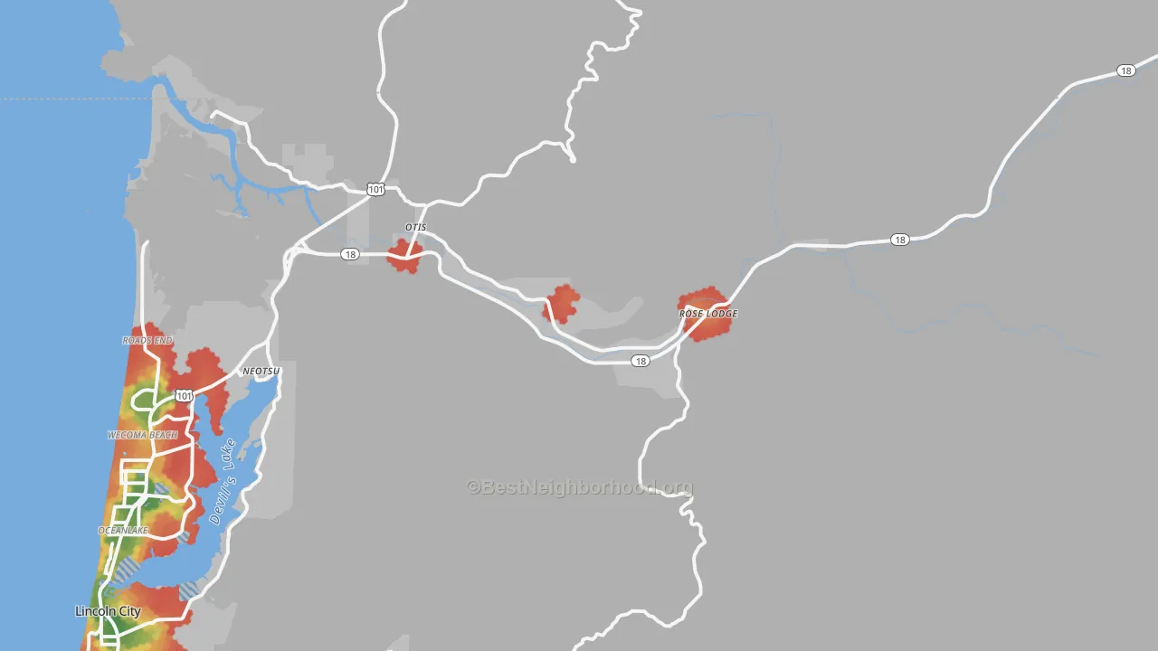 Walk Grade map of 97368, OR, walkable areas in green and car-dependent areas in red