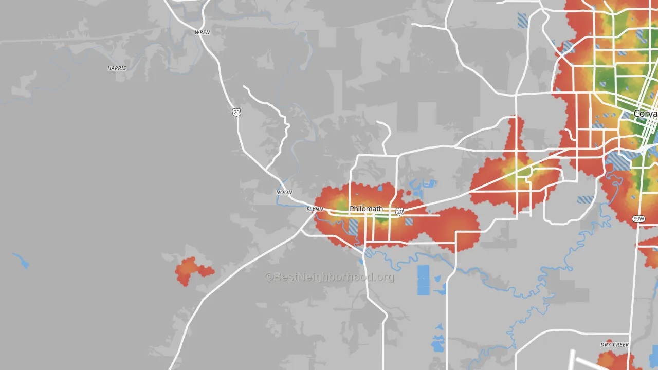 Walk Grade map of 97370, OR, walkable areas in green and car-dependent areas in red