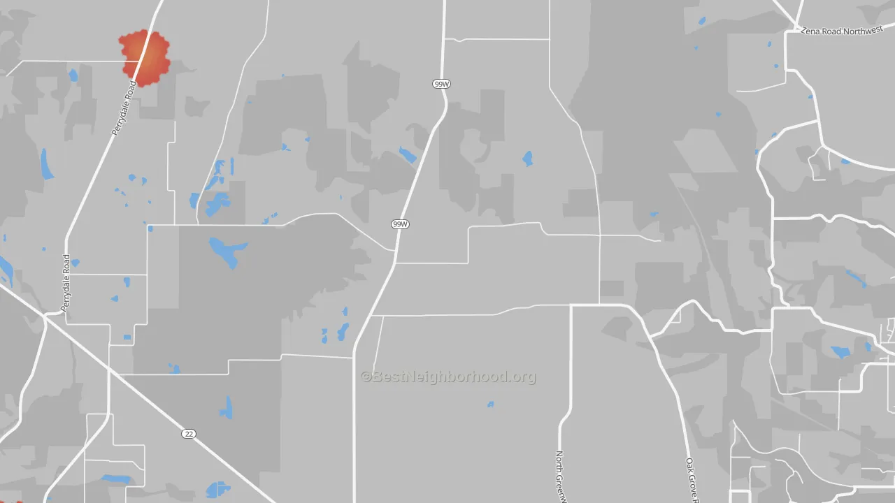 Walk Grade map of 97371, OR, walkable areas in green and car-dependent areas in red