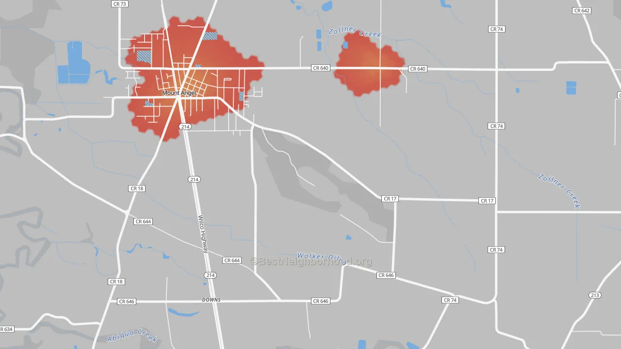 Walk Grade map of 97373, OR, walkable areas in green and car-dependent areas in red