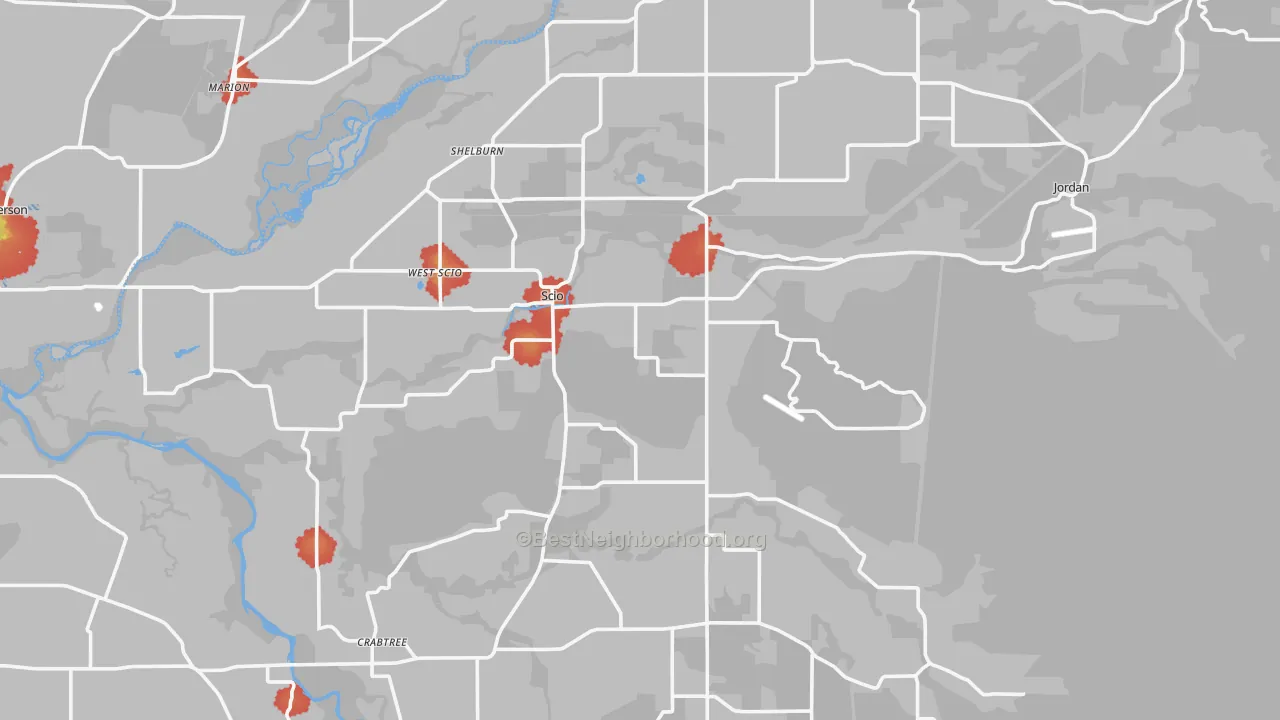 Walk Grade map of 97374, OR, walkable areas in green and car-dependent areas in red