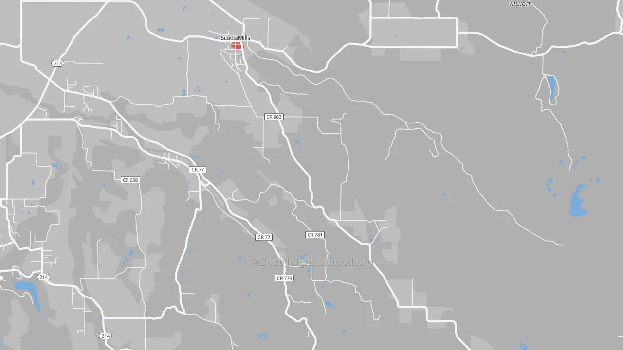 Walk Grade map of 97375, OR, walkable areas in green and car-dependent areas in red