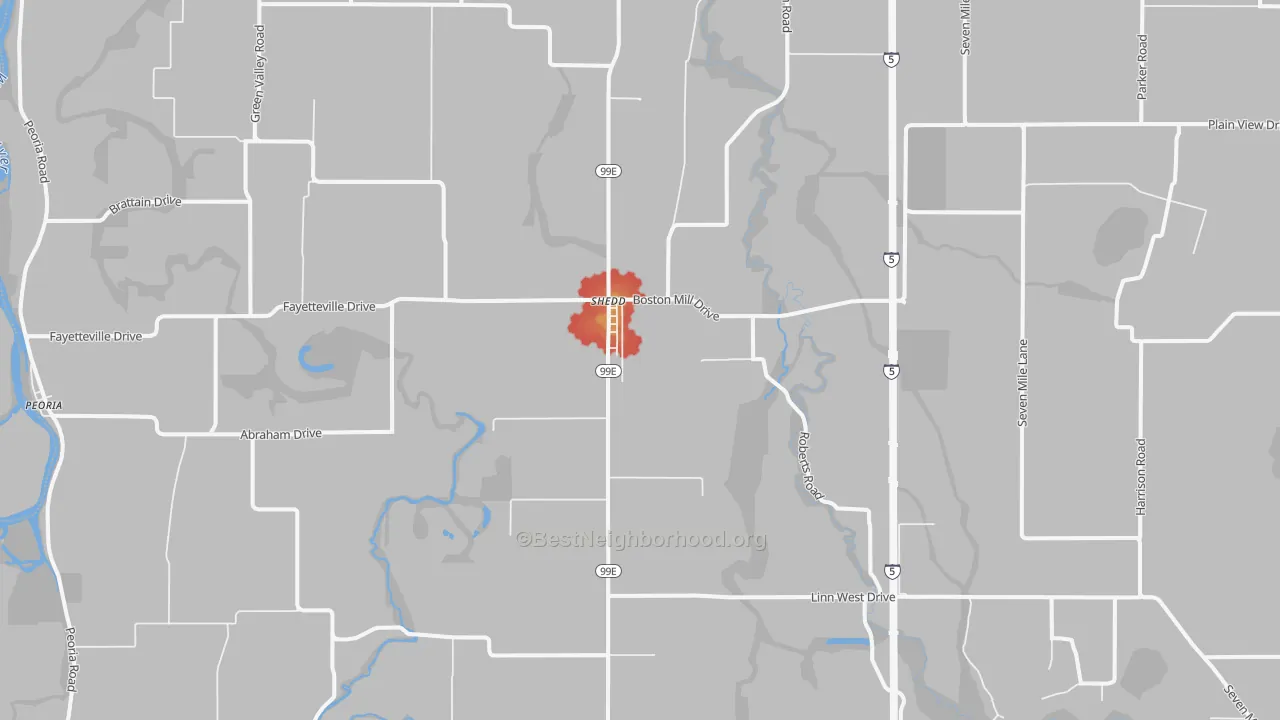 Walk Grade map of 97377, OR, walkable areas in green and car-dependent areas in red