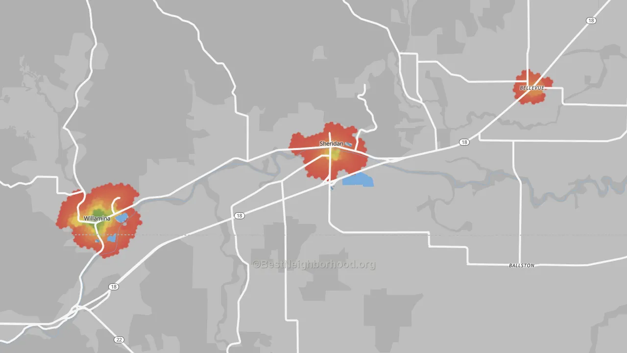 Walk Grade map of 97378, OR, walkable areas in green and car-dependent areas in red